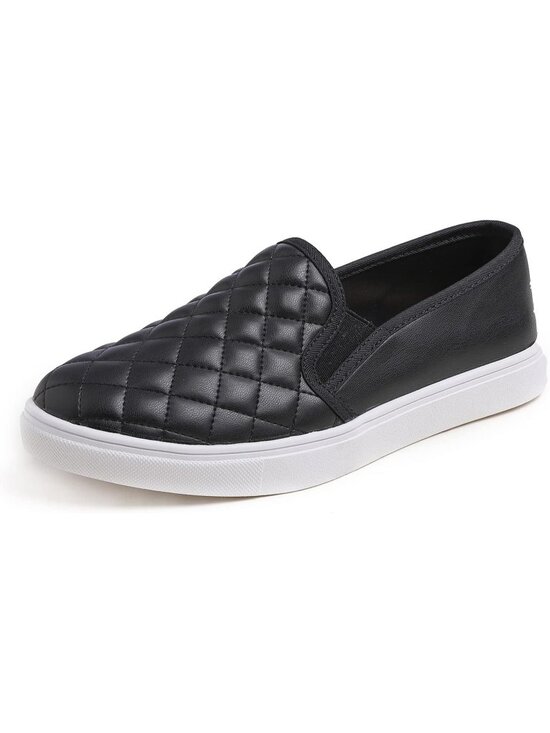 Shoes - Women's Black Quilted Vegan Leather Casual Slip On Comfort Loafer Flats Shoes